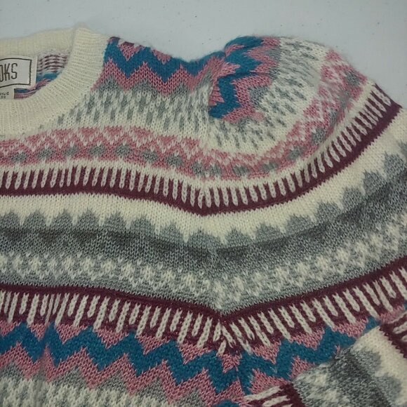 Vintage 80s Brooks Womens M Sweater Geometric Stripe Zig Zag Pink Blue Ruffled - Picture 4 of 9